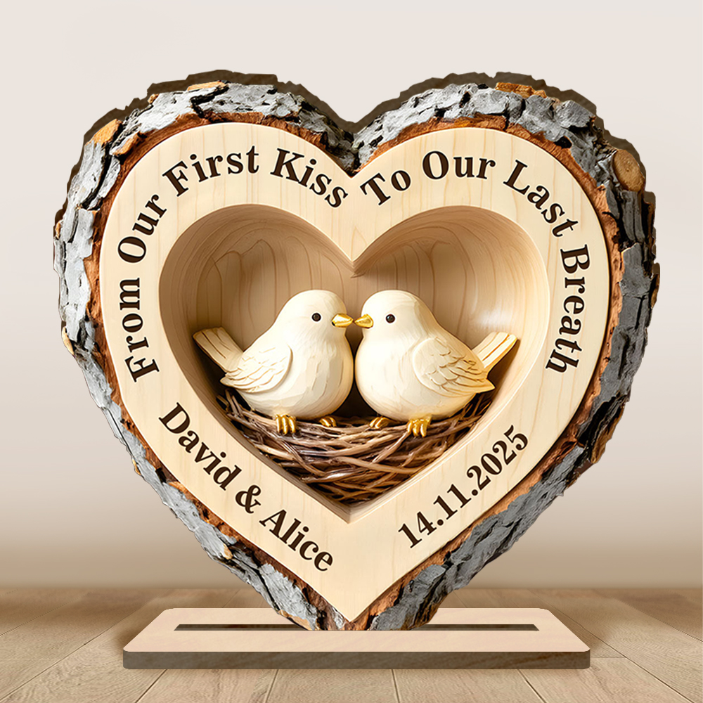 Personalised Carved Log Heart Lovebirds Ornament
