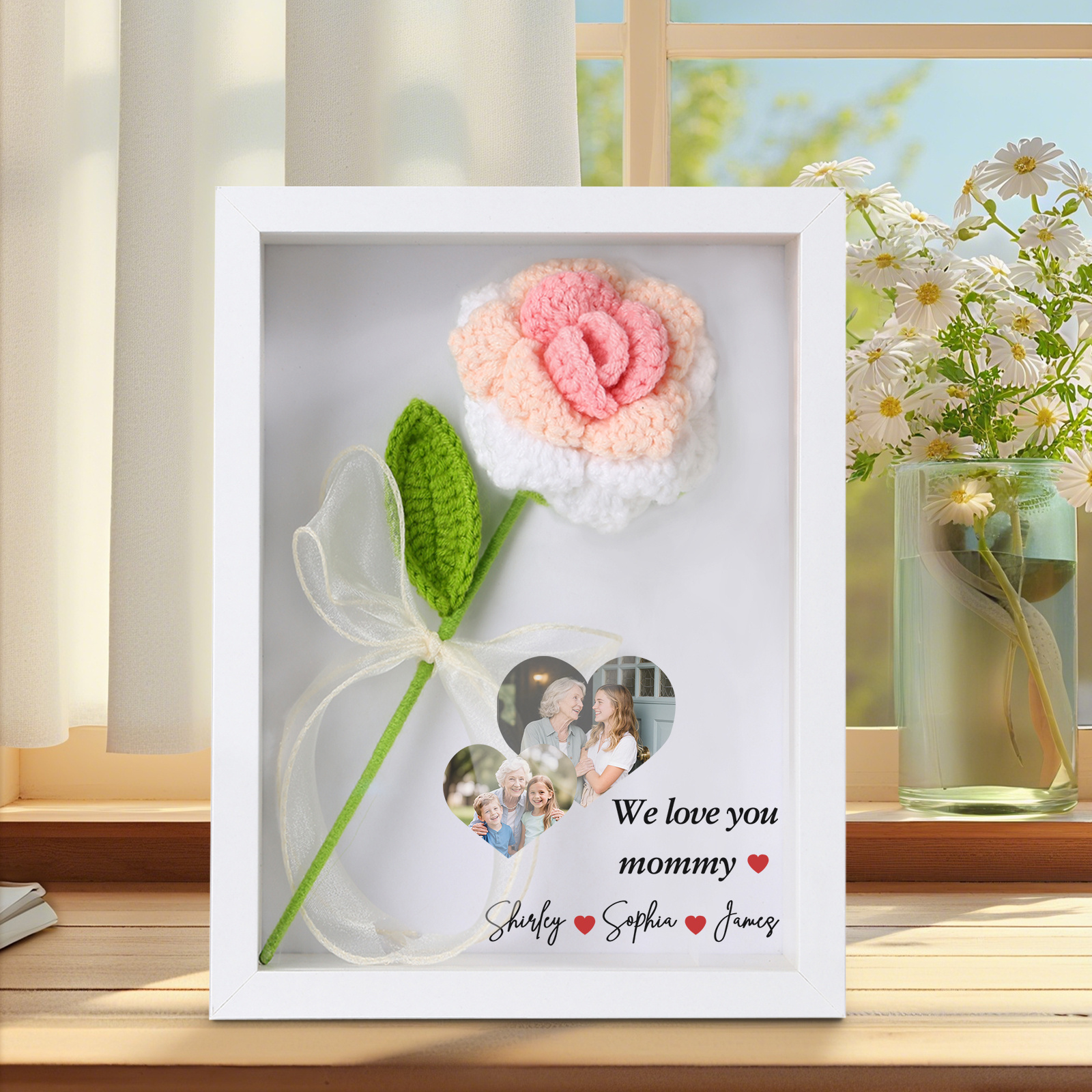 Personalised 3D Peony Crochet Flower Shadow Box Frame