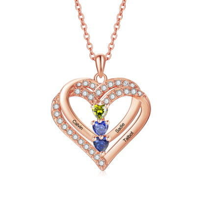 Personalised 925 Sterling Silver Heart Necklace with Names and Birthstones