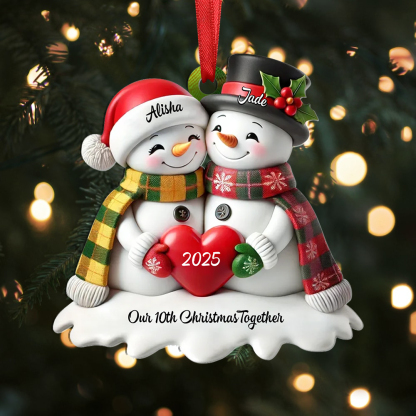 Personalised Christmas tree ornament, snowman couple, 2 names, 1 year, 1 message, Christmas gift for couples, husband and wife | Jessemade
