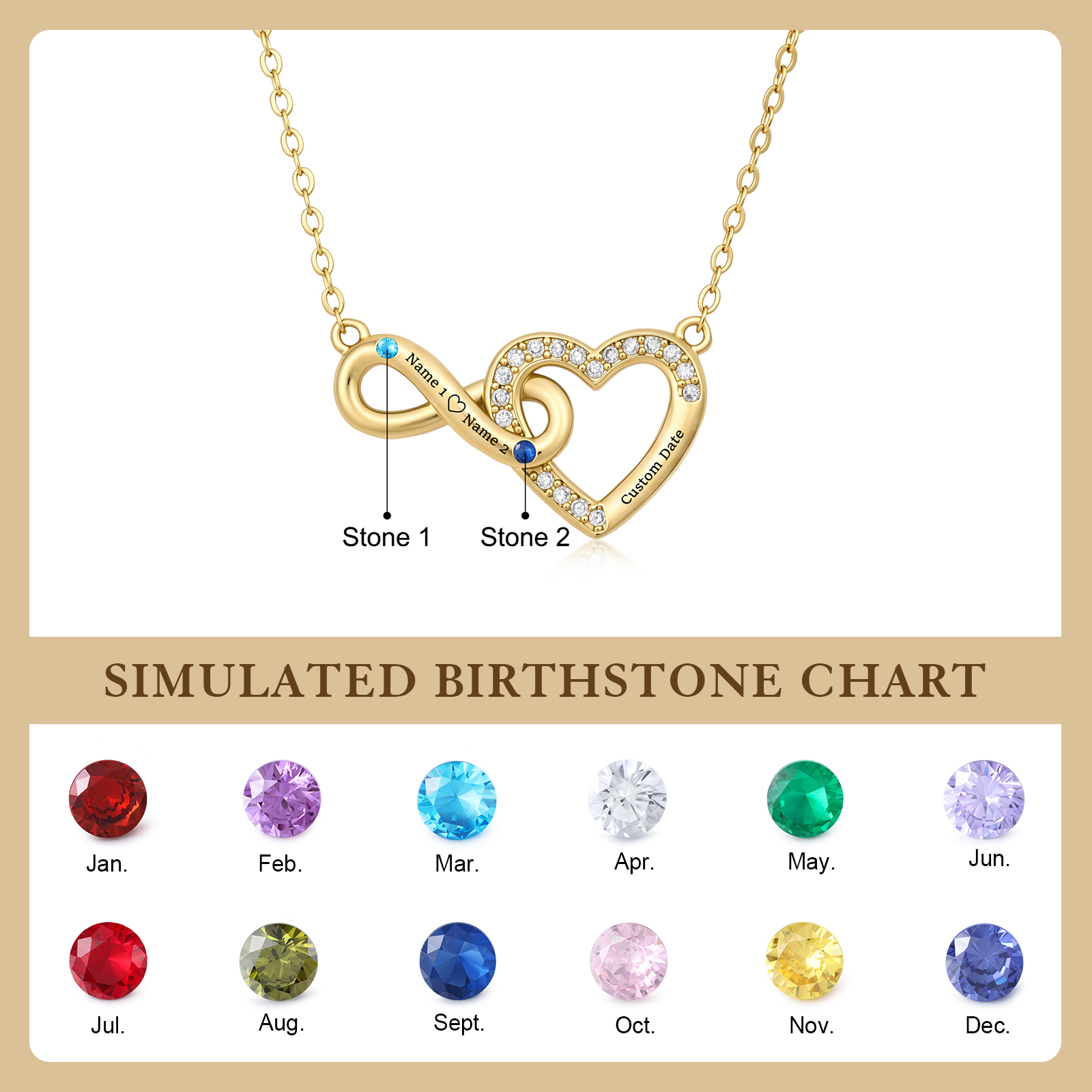 Personalised 2 Names Infinity Heart Birthstone Gold Necklace For Her