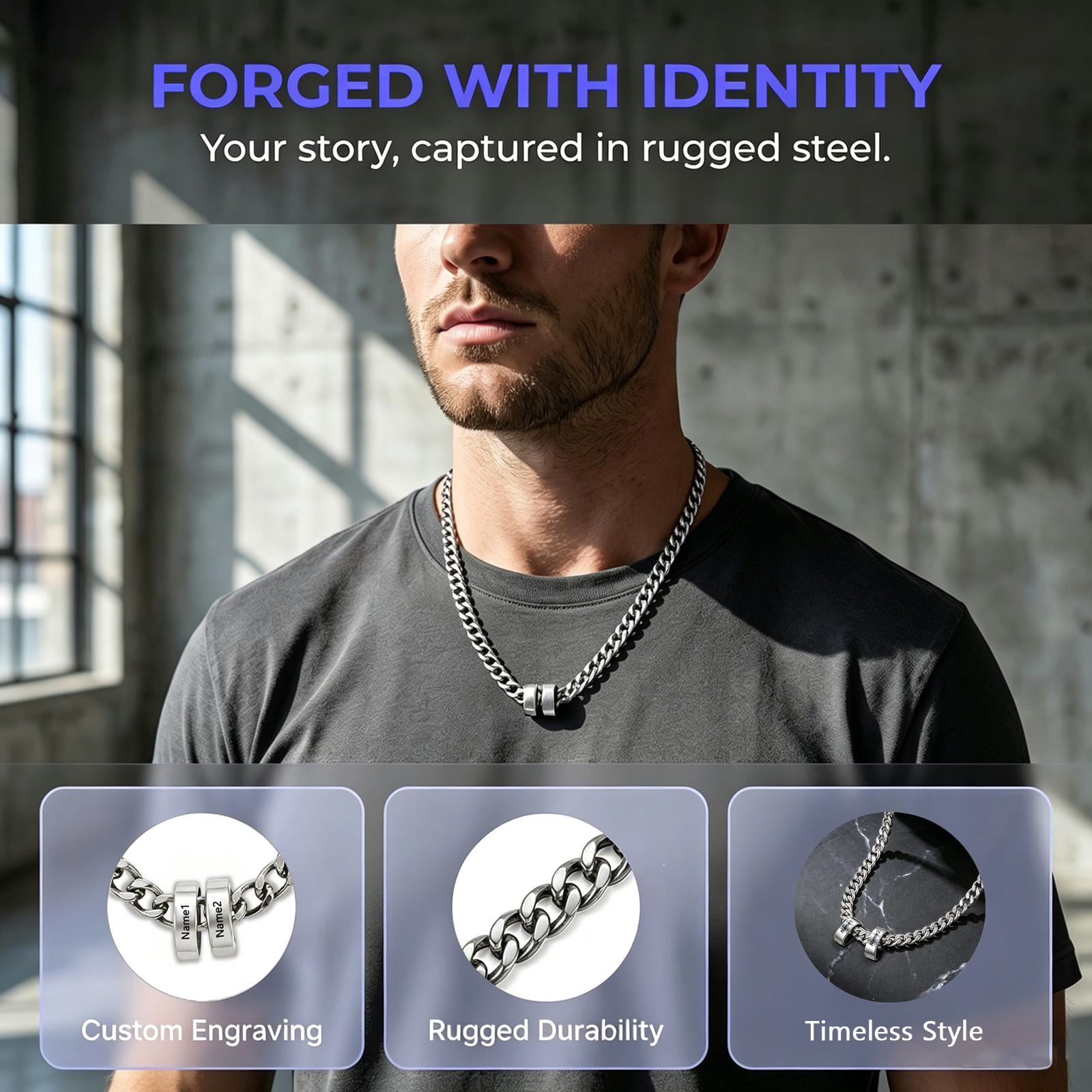 Personalised Stainless Steel Curb Chain 2-6 Names Necklace For Men Dad Husband