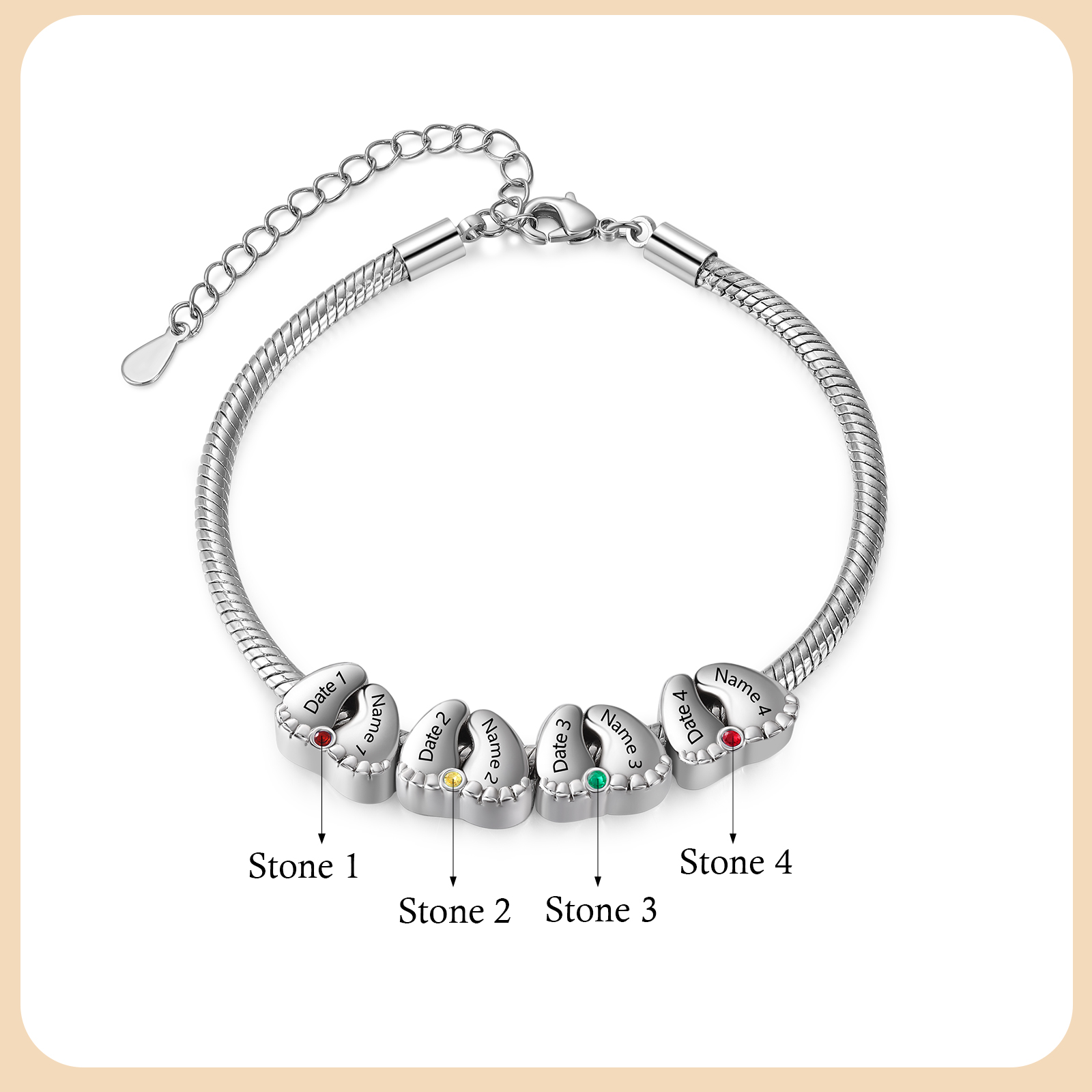 Personalised 2-5 Names Birthstone Feet Bracelet Custom Names and Dates Gift for Women | Jessemade