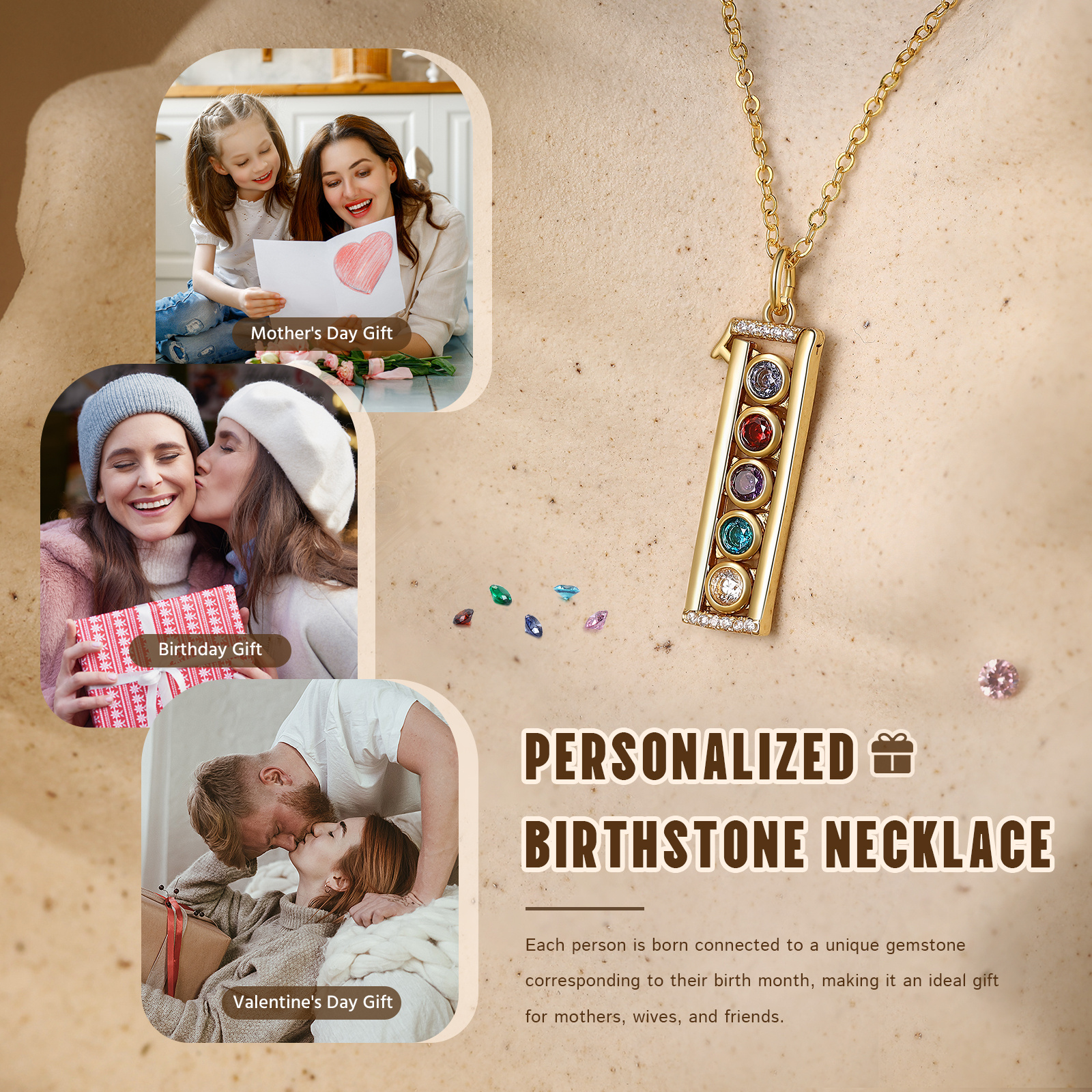 Personalised family necklace with 1–6 birthstones – unique gift for Mum or Grandma