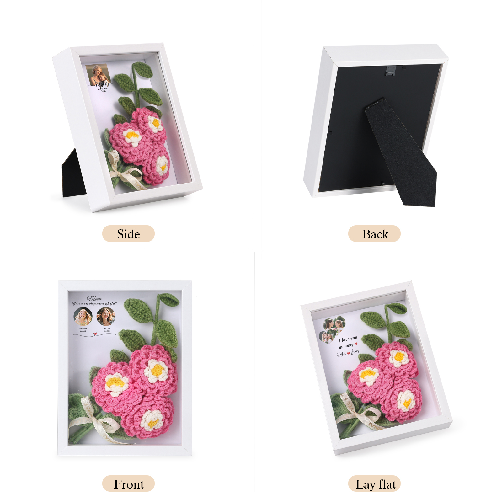 Personalised 3D Peony Crochet Flower Shadow Box Frame