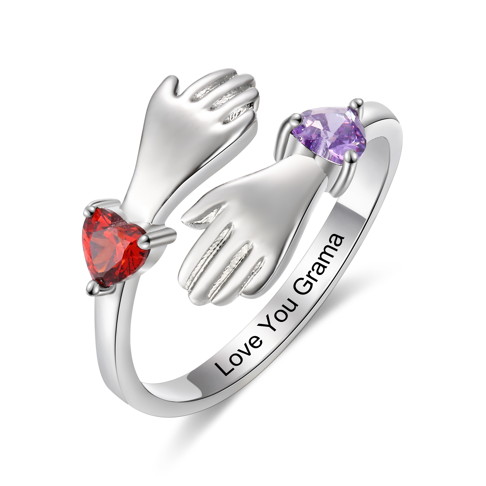 Personalised Adjustable Hug Hands Ring with Heart Birthstones