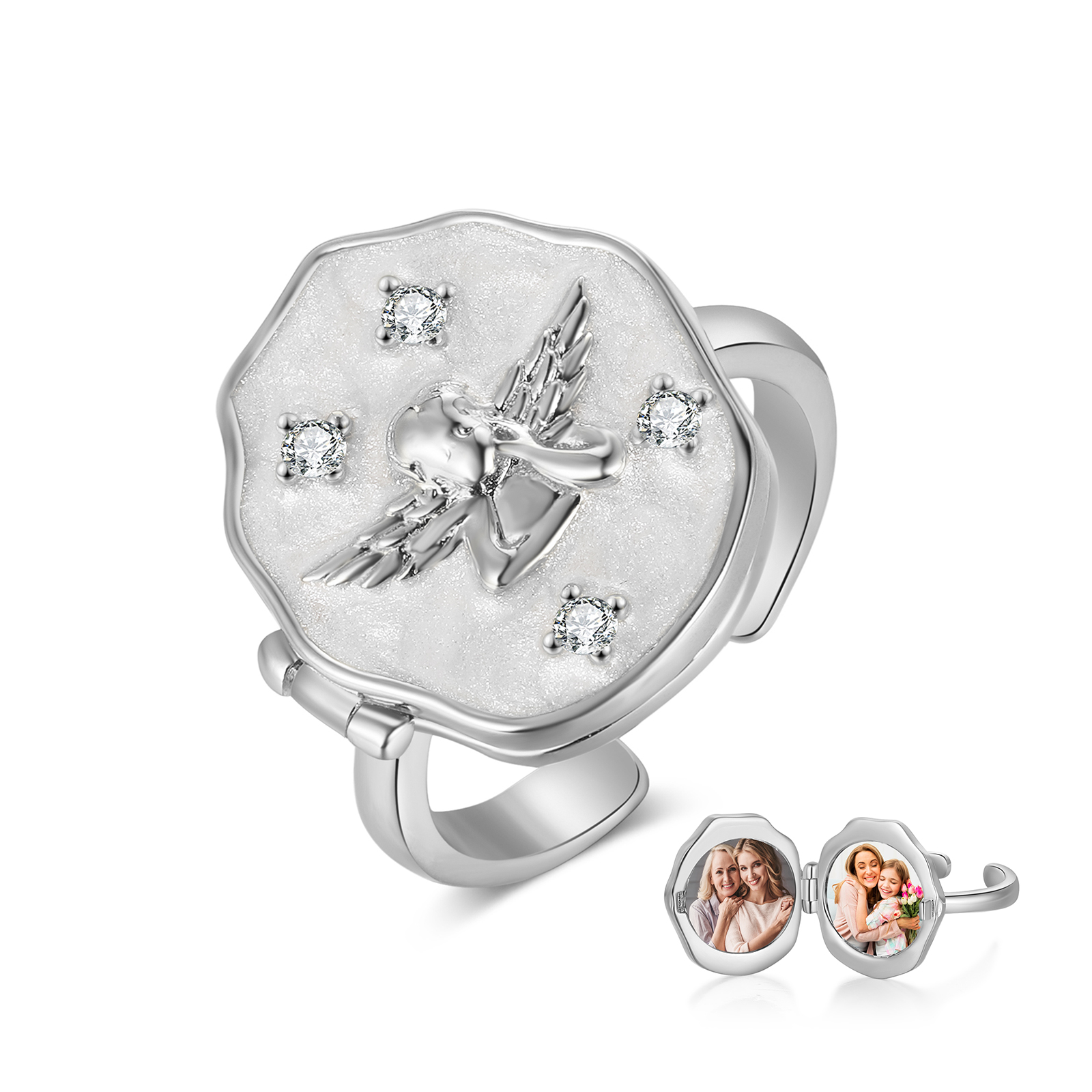 Personalised Angel Relief Photo Locket Ring Rhodium Plated