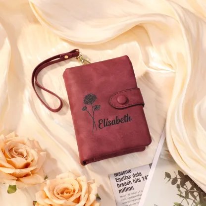 Personalised Birth Flower Wallet with Custom Name – PU Leather Clutch Women's Wallet Gift for Her | Jessmade