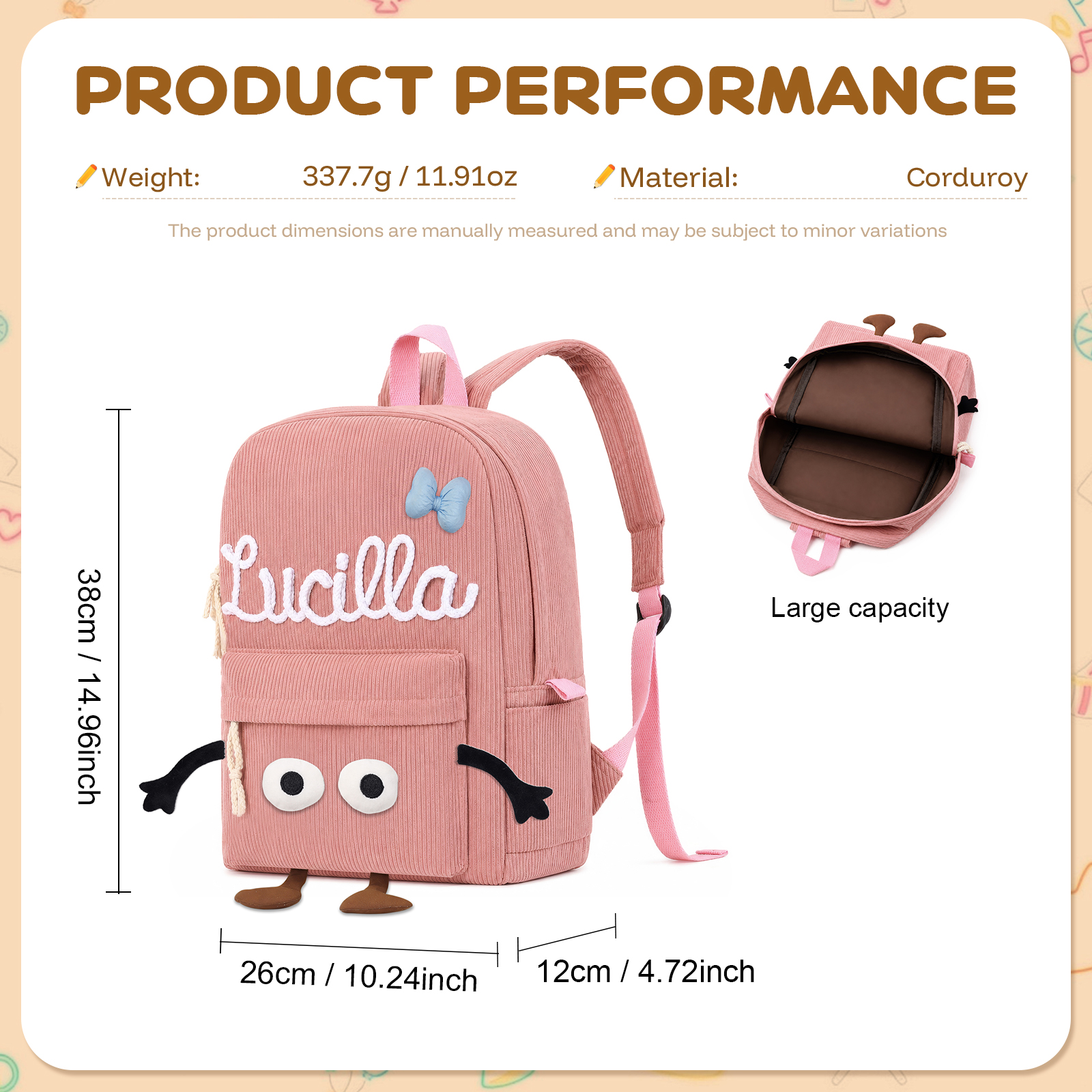 Personalised Corduroy Children’s Backpack with Name, Cute Cartoon Face School Bag