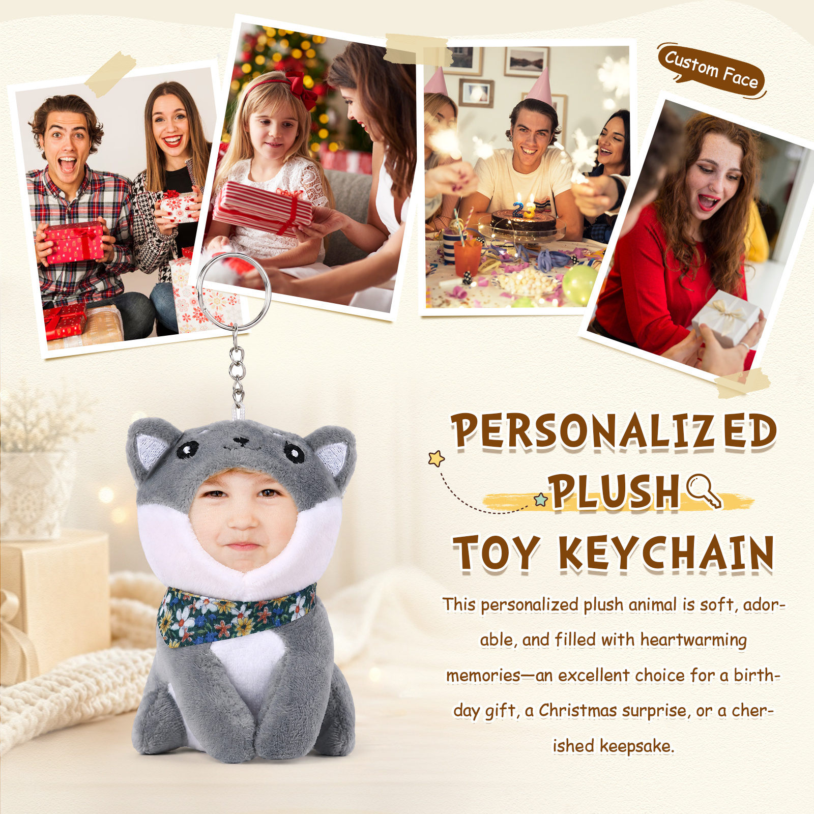 Personalised Photo Animal Plush Keyring for Her/Him