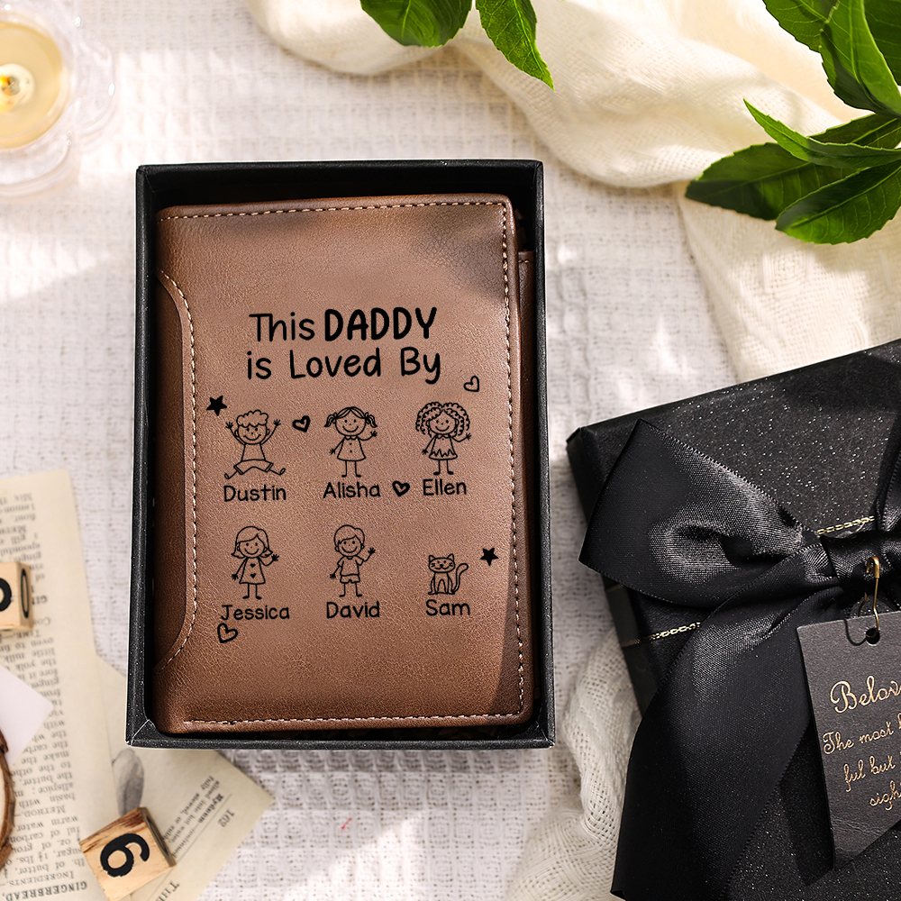 Personalised Triple-Fold Leather Wallet with 1 to 6 Children’s Names, Gift for Dad or Grandad