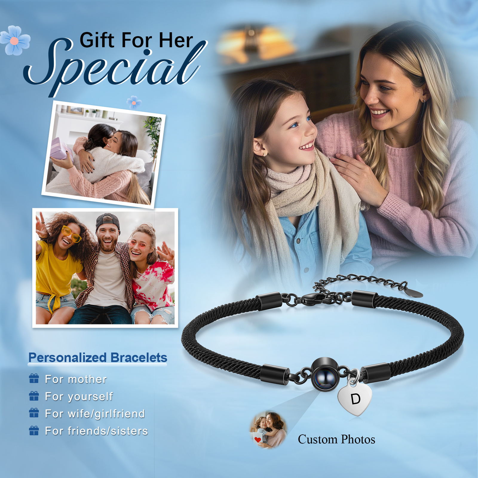 Personalised Photo Projection Rope Bracelet with Initial