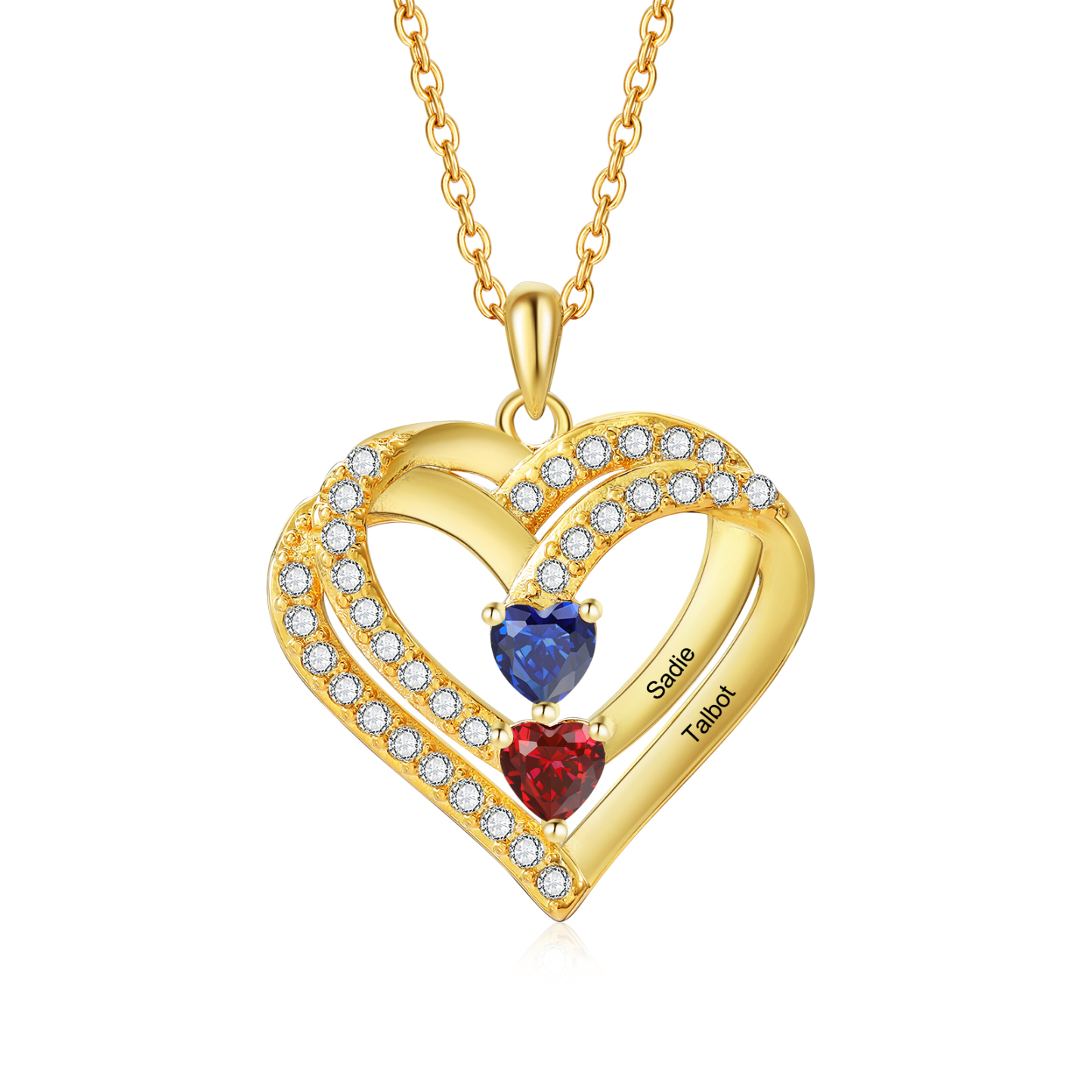 Personalised 925 Sterling Silver Heart Necklace with Names and Birthstones