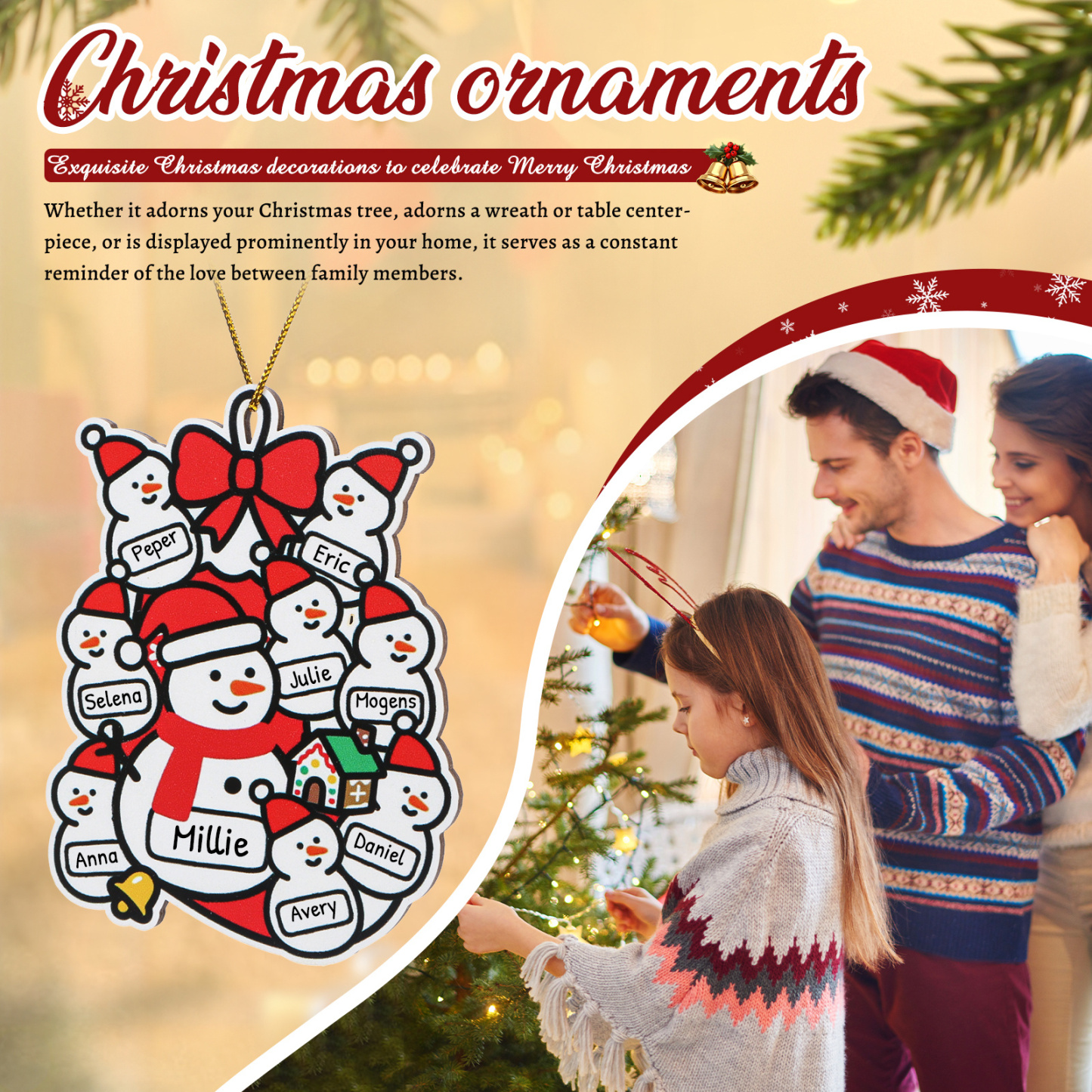 Personalised Wooden Snowman Family Tree Ornament