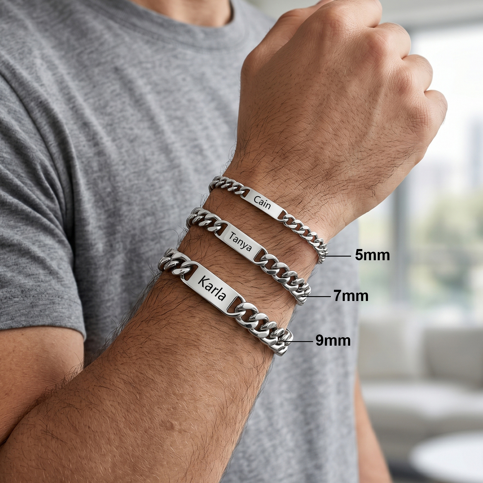 Personalised Stainless Steel Cuban Chain Bracelet with 2–6 Names for Men
