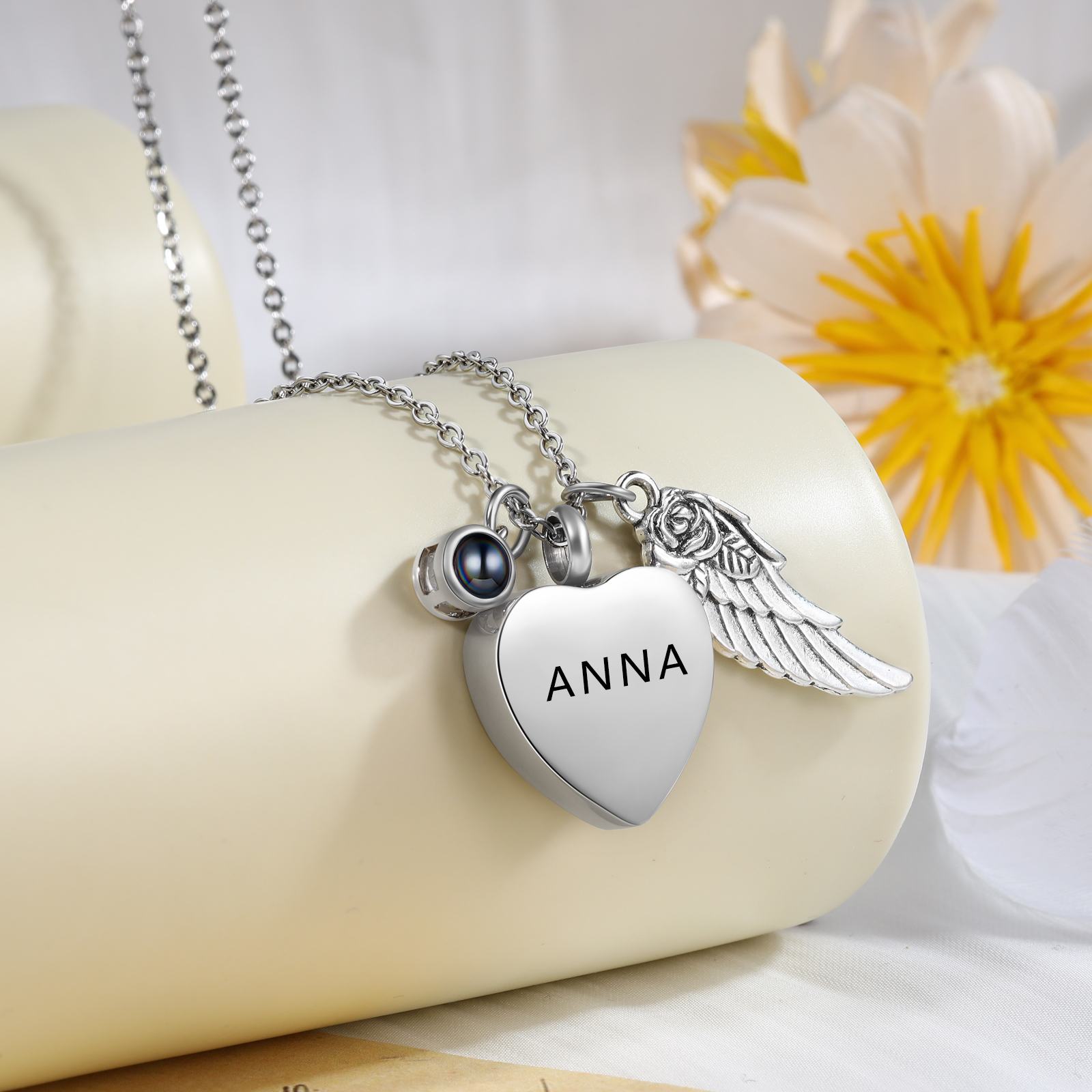 Personalised Memorial Heart Necklace with Angel Wing, Photo Charm & Ashes Urn, Silver For Women | Jessemade