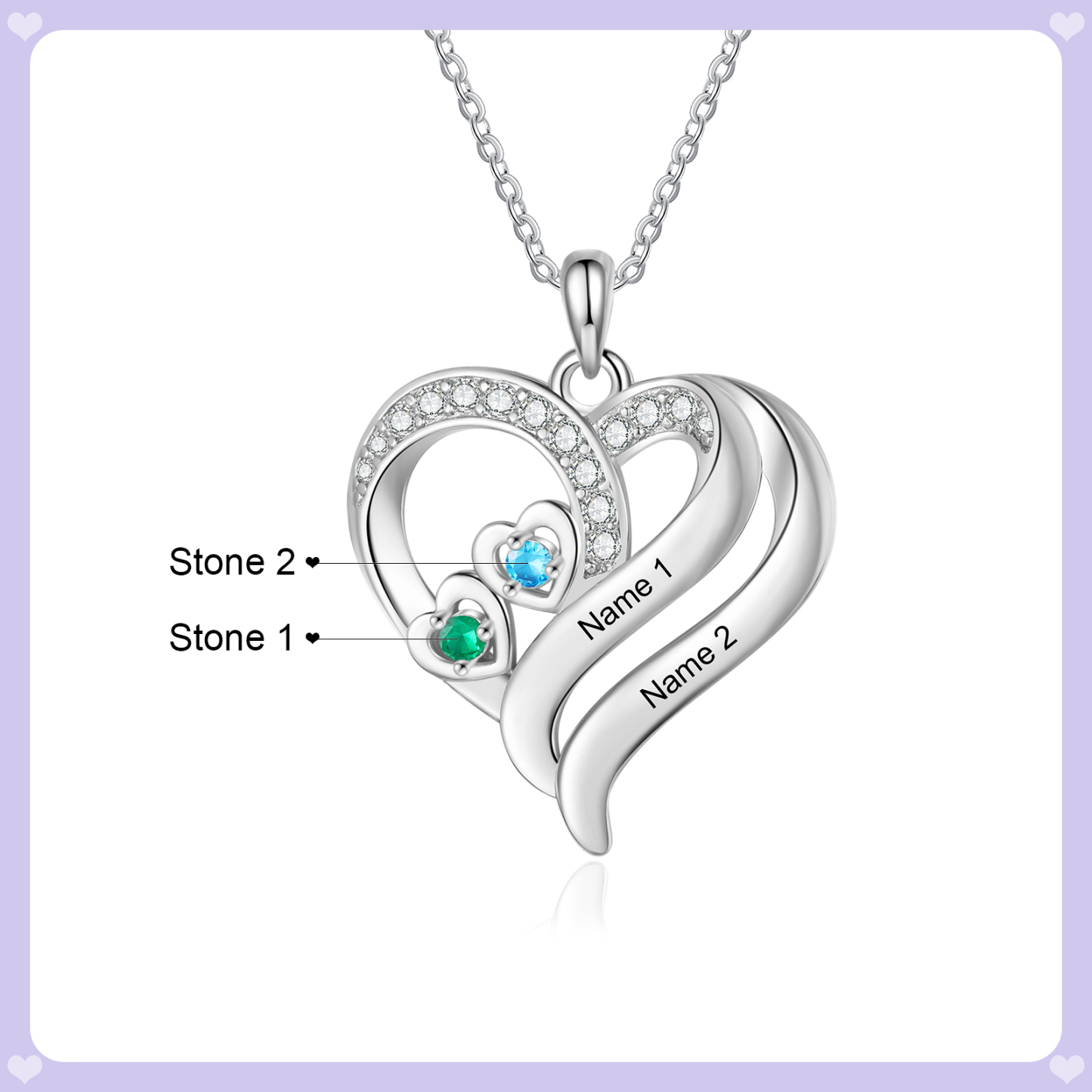 Personalised 2-4 Names Heart Birthstone Women Necklace