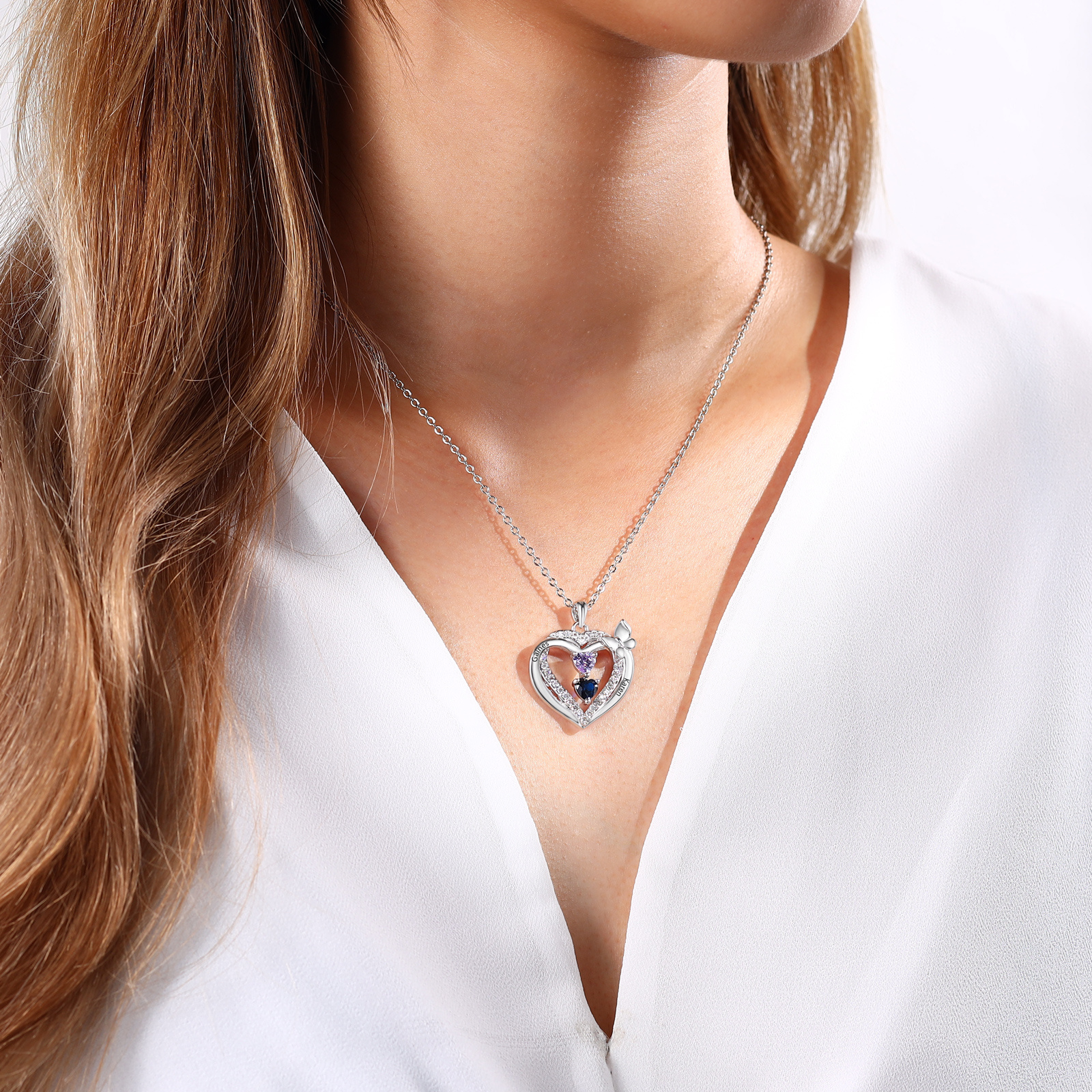 Personalised 1-3 Names Butterfly Heart Birthstone Necklace