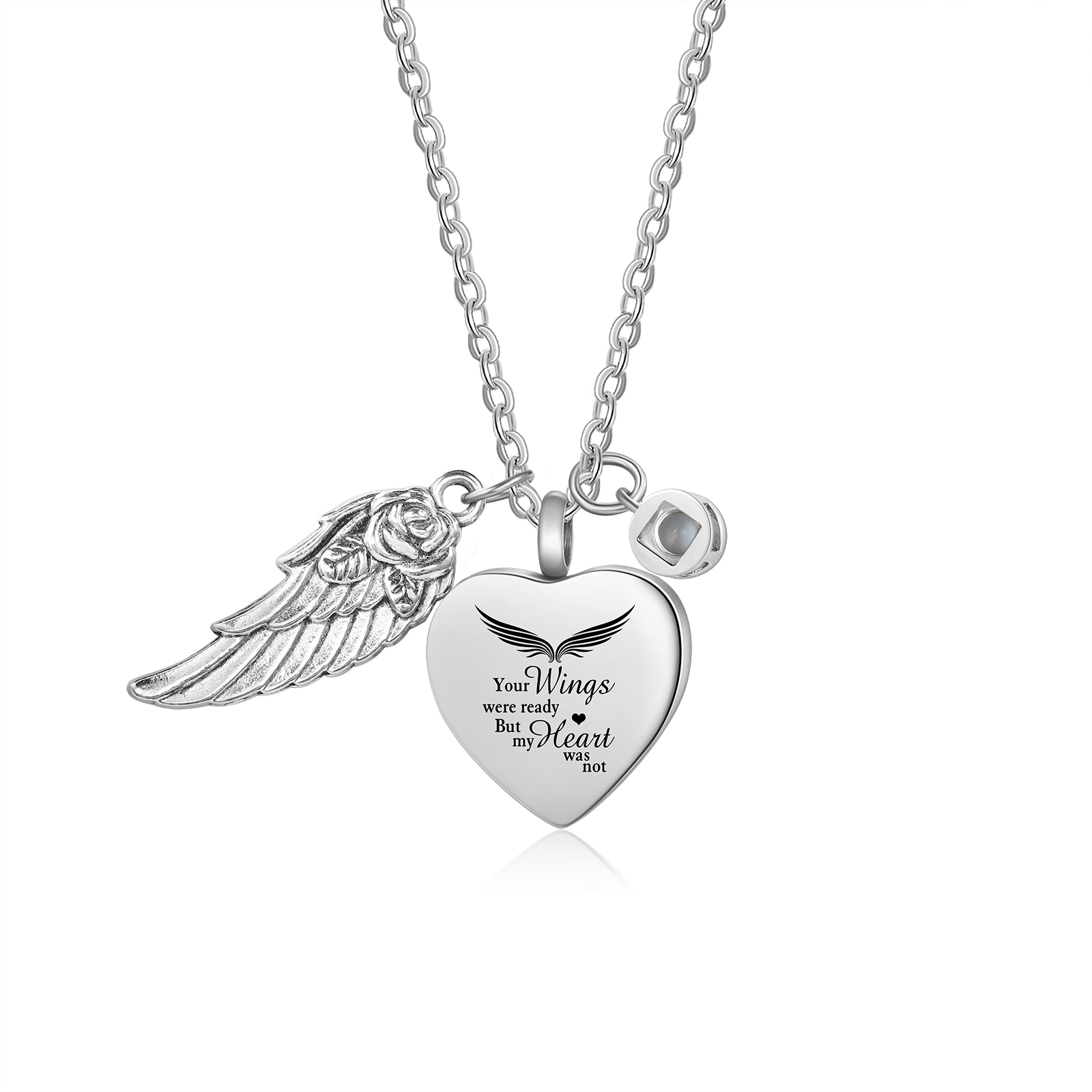 Personalised Memorial Heart Necklace with Angel Wing, Photo Charm & Ashes Urn, Silver For Women | Jessemade