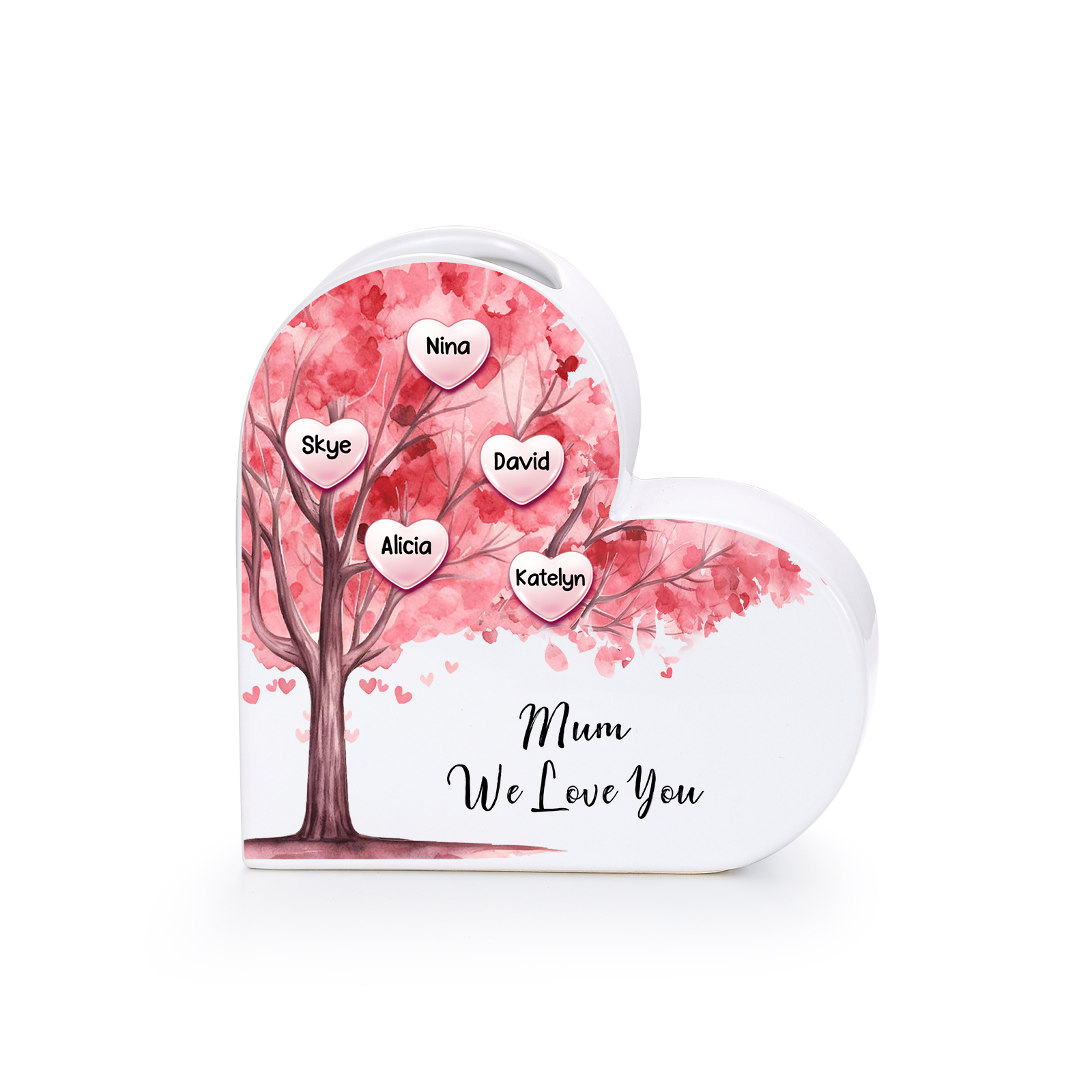 Personalised Family Tree Design Pink Heart-Shaped Ceramic Vase with 1–12 Names
