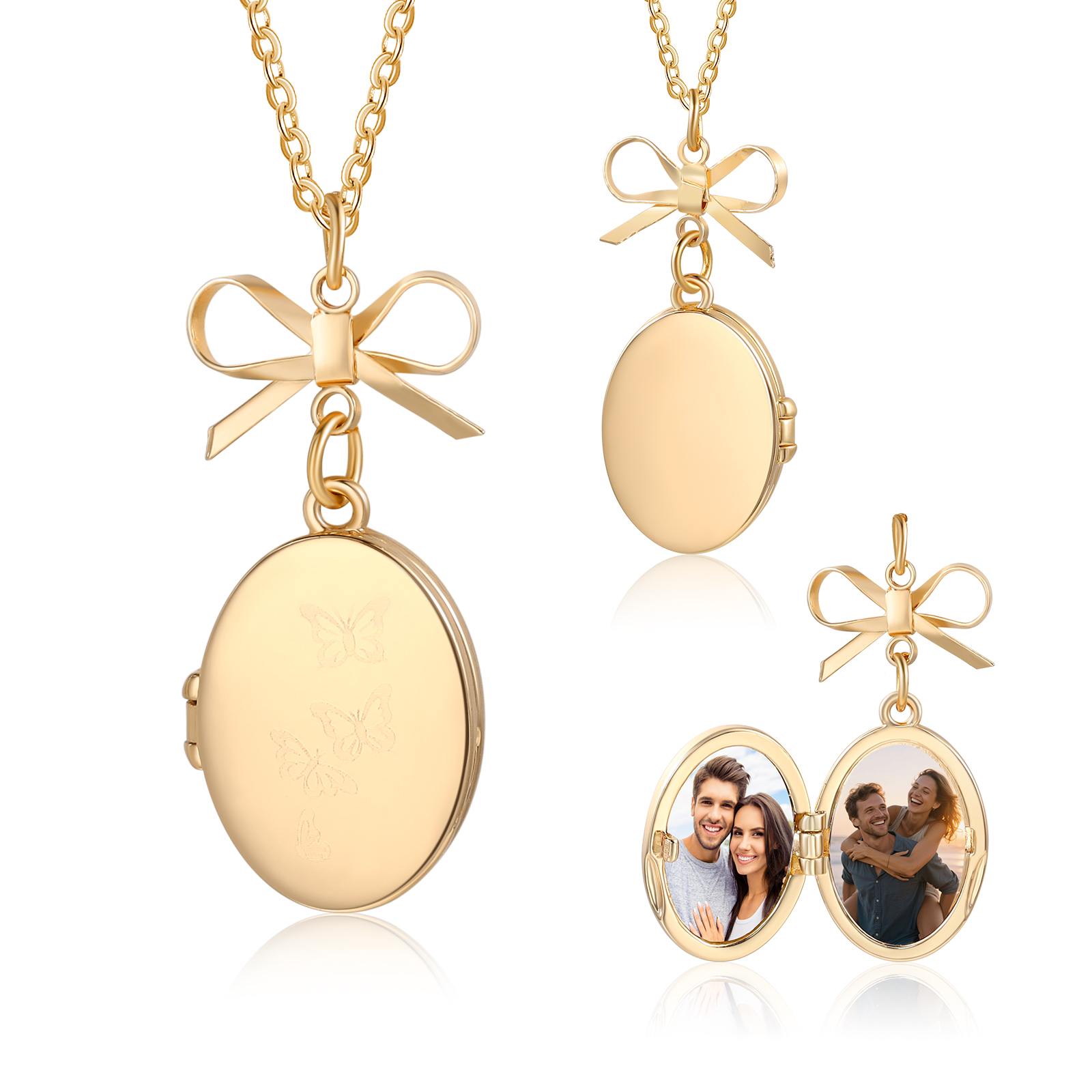 Personalised Gold Bow Oval Photo Locket Necklace