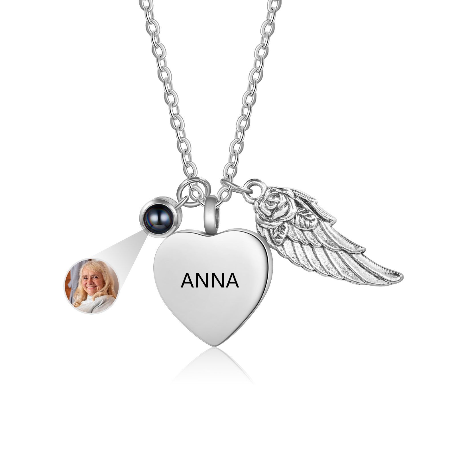 Personalised Memorial Heart Necklace with Angel Wing, Photo Charm & Ashes Urn, Silver For Women | Jessemade