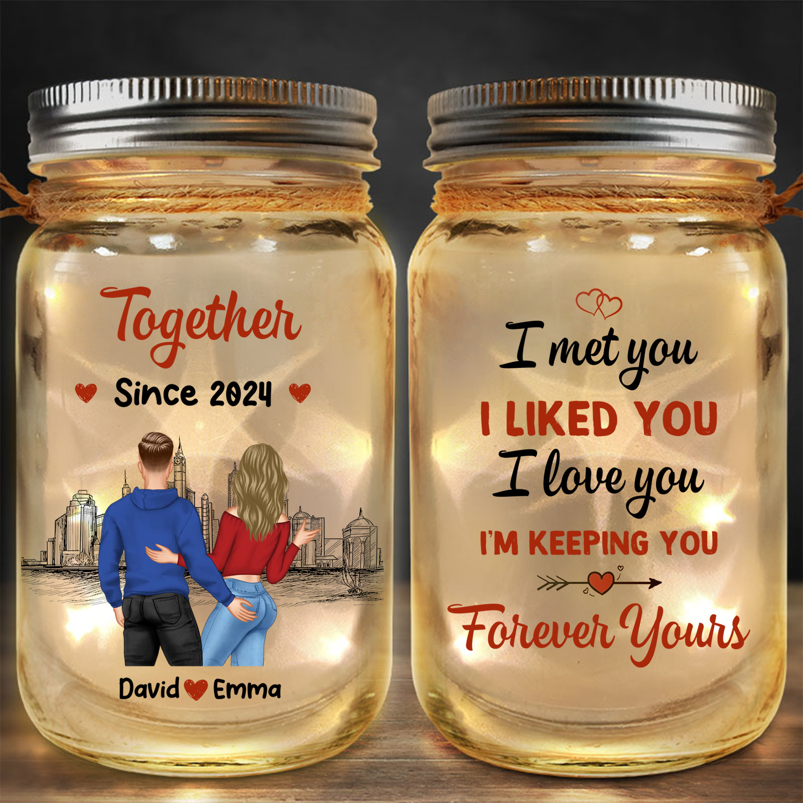 Personalised Couple Mason Jar Lantern Light Custom Names Date Anniversary Valentines Gift for Boyfriend Girlfriend Husband Wife | Jessemade