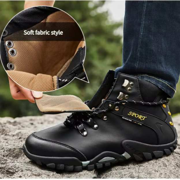 (⏰Limited Time Sale 69%off)Men's Genuine Leather Waterproof Hiking Boots Wide-Toe Warm Insulated Winter Ankle Boots-POIULTD