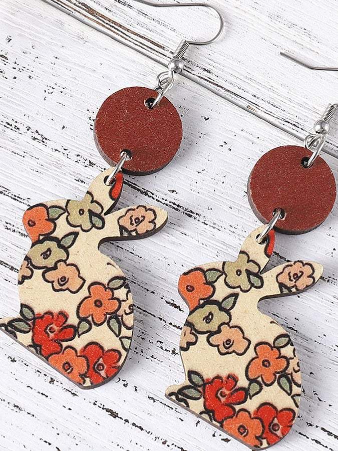 Easter Flower Bunny Reversible Wooden Earrings-POIULTD