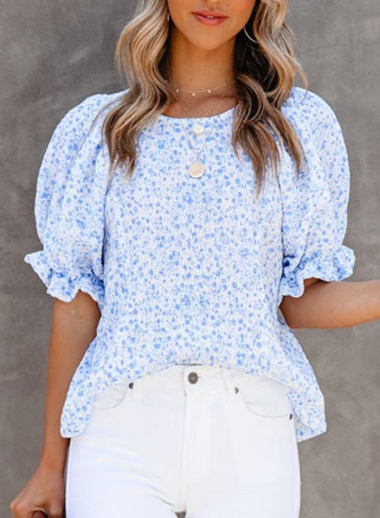 Chiffon Floral Puff-Sleeve Top-POIULTD