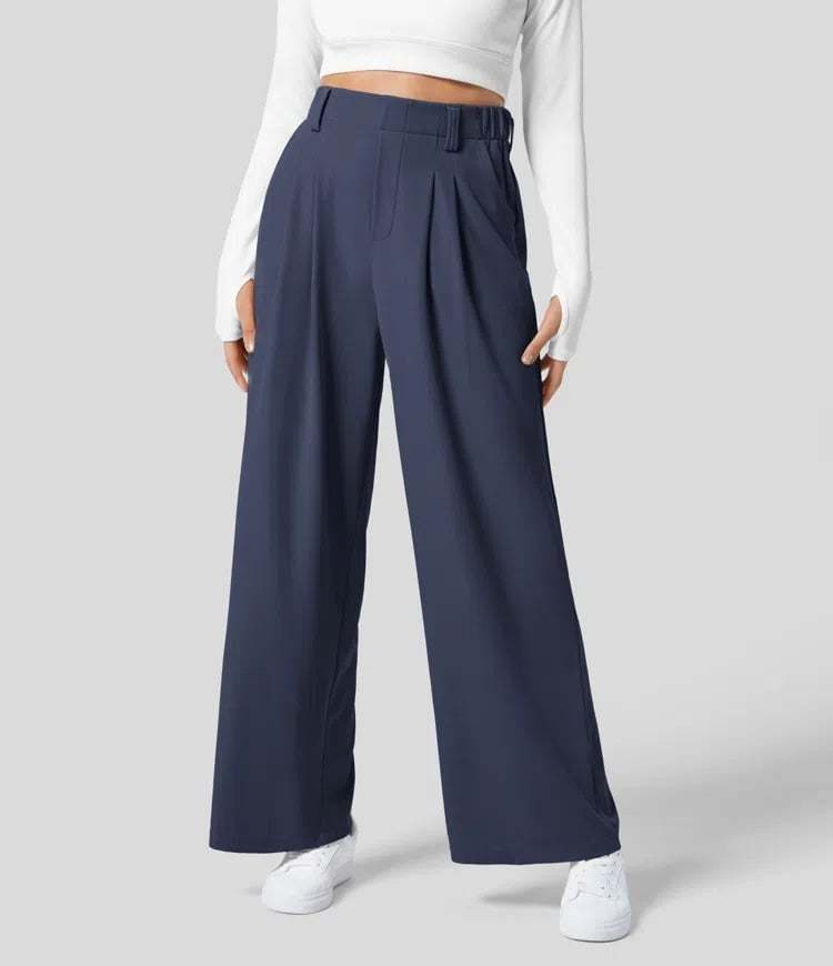 High Rise Pleated Side Pocket Wide Leg Waffle Work Pants
