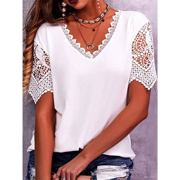 Women's Lace Patchwork Loose V-Neck Short Sleeve T-Shirt-POIULTD