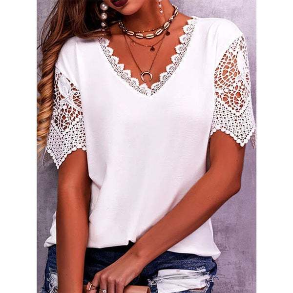 Women's Lace Patchwork Loose V-Neck Short Sleeve T-Shirt-POIULTD