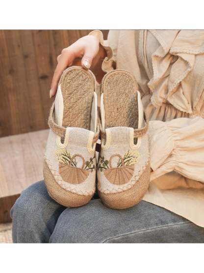 New National Style Women's Embroidered Shoes Can Wear Flat Slippers Linen Linen Midsole Women's Singles Shoes-POIULTD