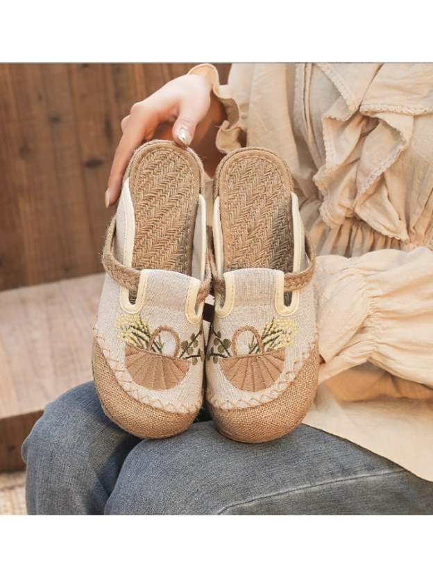New National Style Women's Embroidered Shoes Can Wear Flat Slippers Linen Linen Midsole Women's Singles Shoes-POIULTD