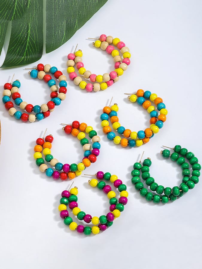 Women's Carnival Colored Wooden Beads Fashionable And Versatile Temperament Light Luxury Earrings-POIULTD
