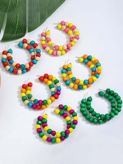 Women's Carnival Colored Wooden Beads Fashionable And Versatile Temperament Light Luxury Earrings-POIULTD
