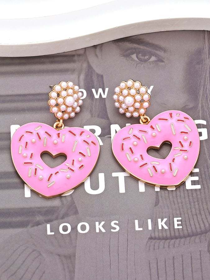 Women's Valentine's Day Imitation Pearl Donut Heart Earrings-POIULTD