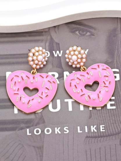 Women's Valentine's Day Imitation Pearl Donut Heart Earrings-POIULTD