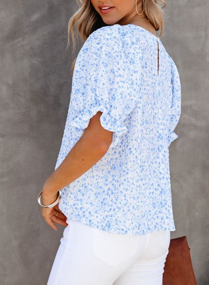 Chiffon Floral Puff-Sleeve Top-POIULTD