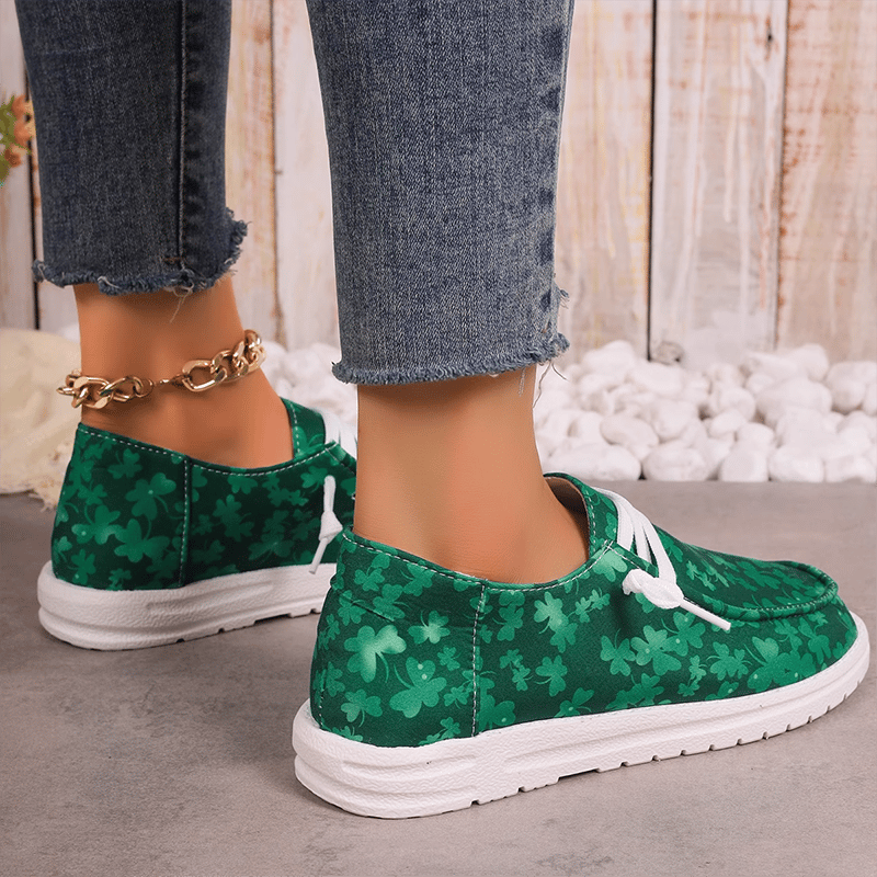 Women's Clover Print Flat Casual Canvas Shoes-POIULTD