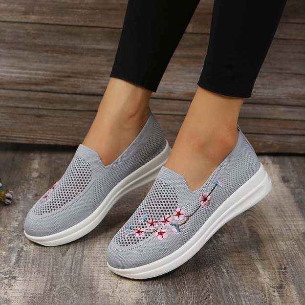 Casual Stretch Embroidery Flat Women's Flyknit Shoes-POIULTD