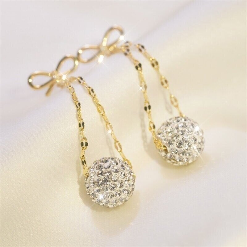 Bow Diamond Ball Earrings-POIULTD