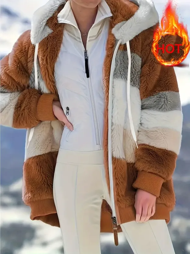 Fuzzy Color Block Coat, Casual Hooded Zip Up Drawstring Long Sleeve Outerwear, Women's Clothing