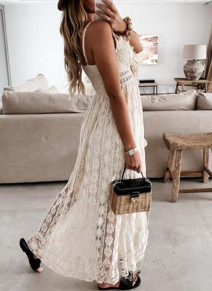 V-Neck Lace-Up Strappy Dress-POIULTD