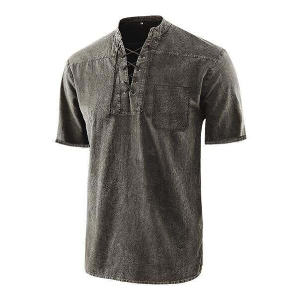 Men Gothic Retro T Shirt Lace-up V-neck Denim Pocket Short Sleeve Tee Shirt Loose Tops-POIULTD