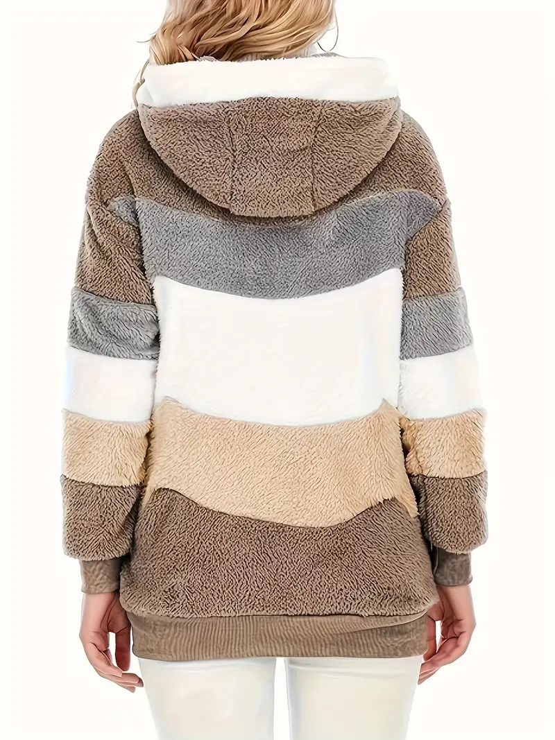Fuzzy Color Block Coat, Casual Hooded Zip Up Drawstring Long Sleeve Outerwear, Women's Clothing