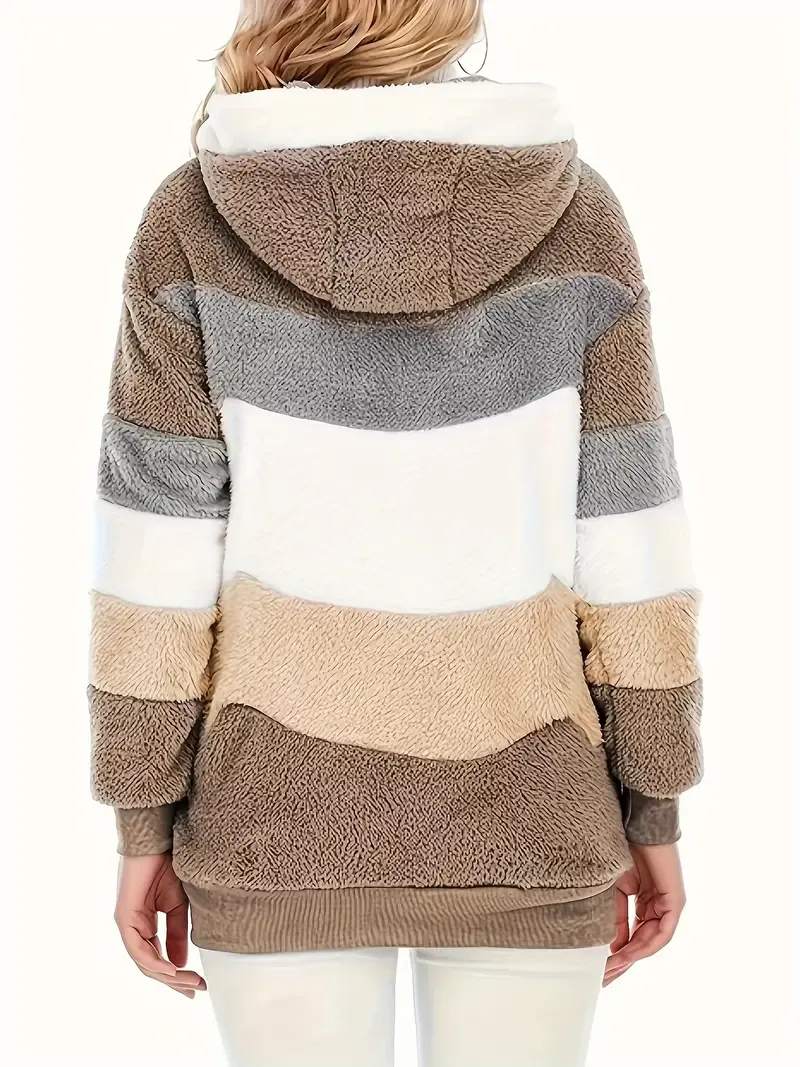 Fuzzy Color Block Coat, Casual Hooded Zip Up Drawstring Long Sleeve Outerwear, Women's Clothing