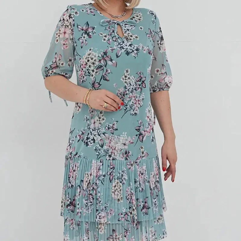 🌹Elegant chiffon long pleated dress with short sleeves-POIULTD