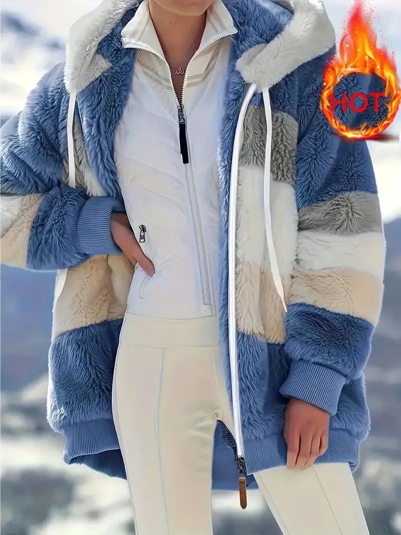 Fuzzy Color Block Coat, Casual Hooded Zip Up Drawstring Long Sleeve Ou
